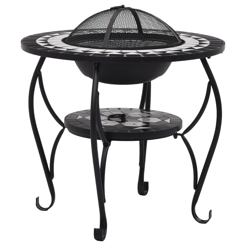 vidaXL Mosaic Fire Pit Table - Multi-Purpose Barbecue Grill, Black and White Pattern - Ceramic Tabletop - Includes Mesh Cover, Coal Grid, Poker Tool