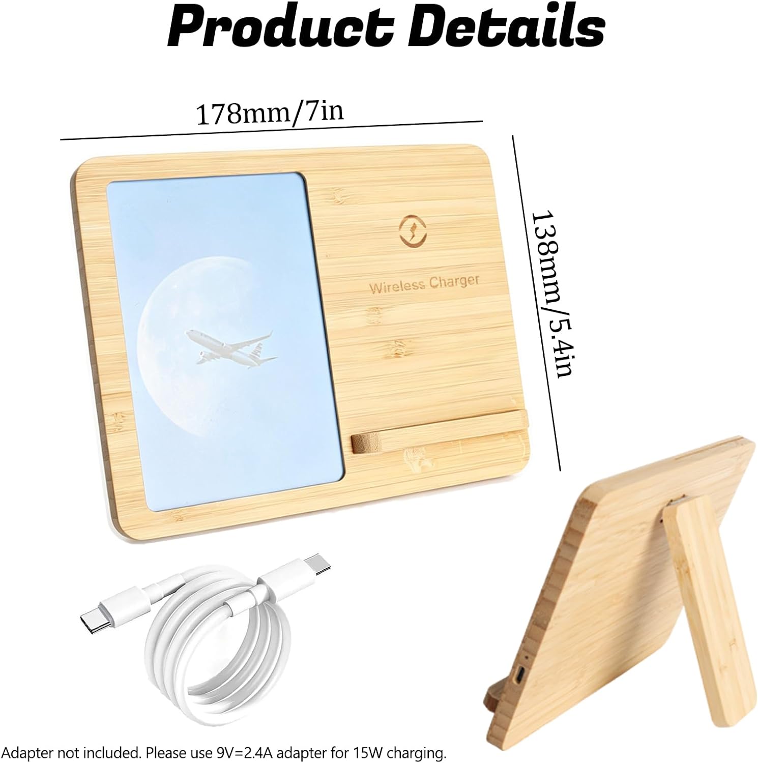 15W Wooden Wireless Charger with Photo Frame, Natural Wood Grain Anti-Crack Design, Fast Charging Stand for Smartphones, Home Office Desk Accessory (Set-A)