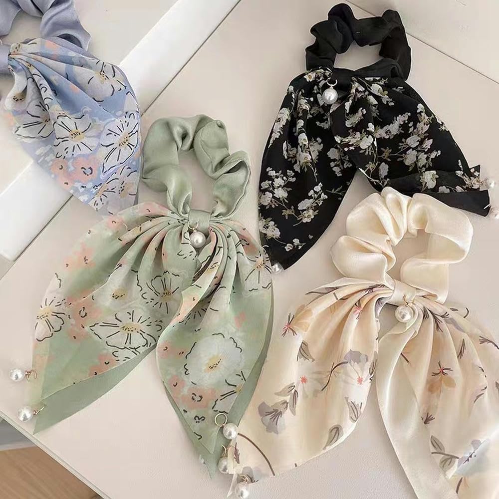 Coleteros para el pelo, lazos de satén para el pelo, lazos de seda, anillos para el pelo para trenzas, 4 diademas para mujer, lazos de perlas, accesorios para el cabello, color negro