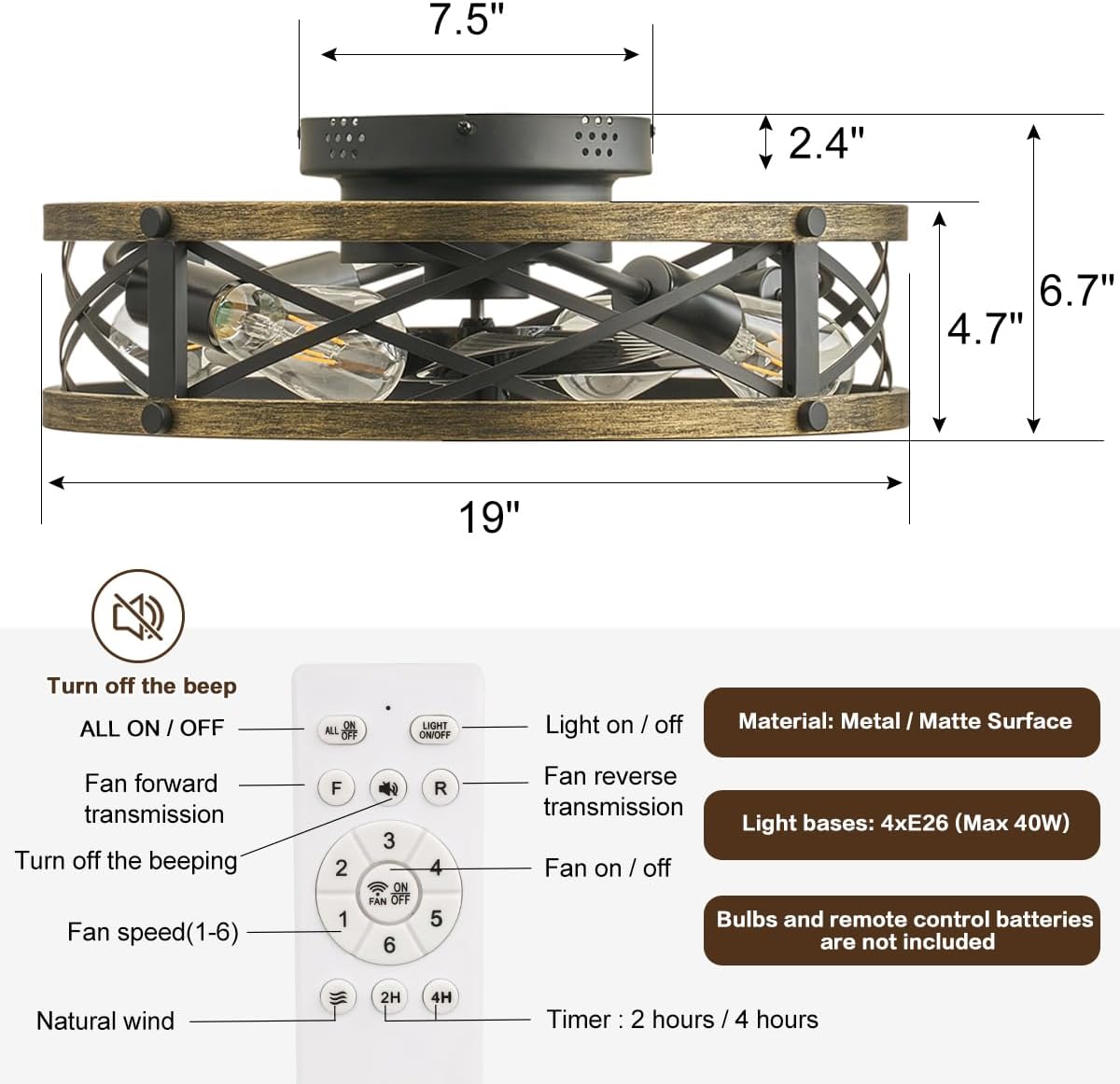 19" Caged Flush Mount Ceiling Fans with Lights and Remote, Farmhouse Low Profile Ceiling Fan with Light, Rustic Bladeless Ceiling Fans with Lights for Kitchen, Living Room, Bedroom