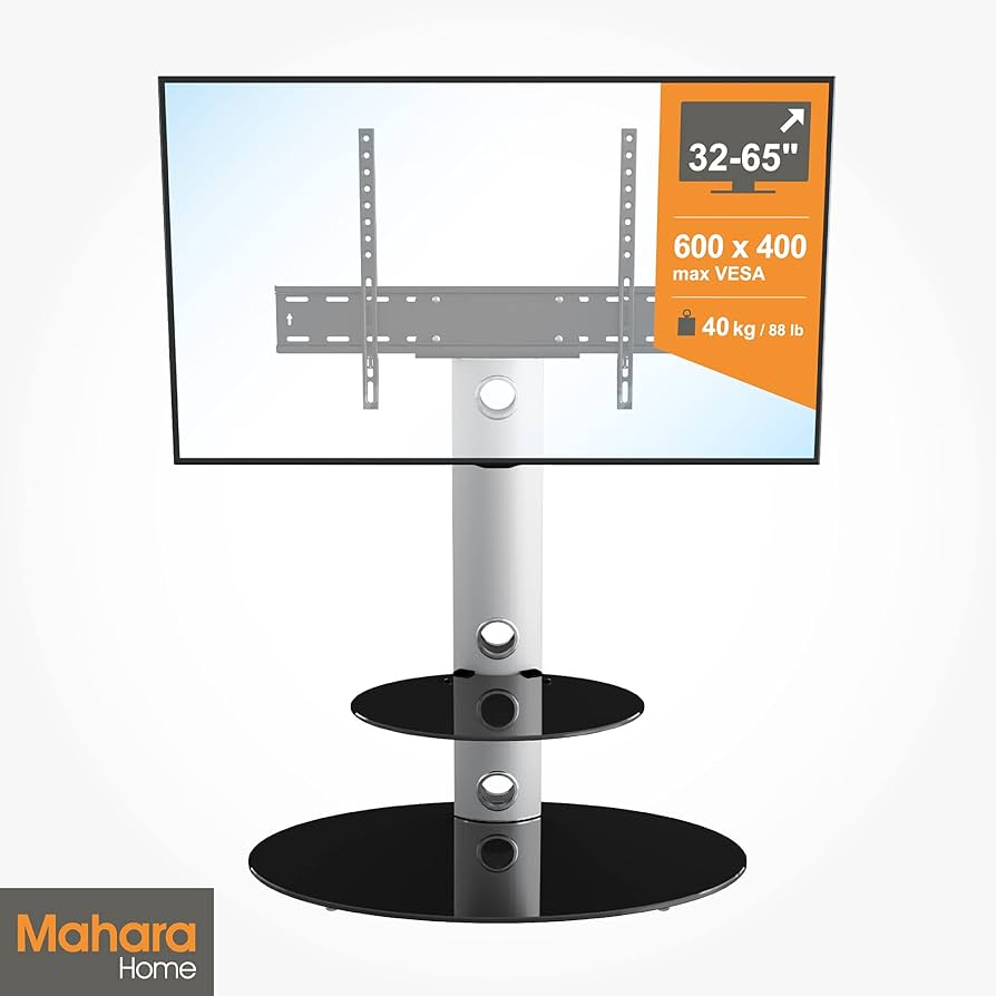 MAHARA Universal Column TV Stand - For 32-65 Inch TVs-Freestanding Black Tall Floor Stand With Black Glass Shelves And Cable Management-Height Adjustable And Suitable For Corners-Max Weight 40kg