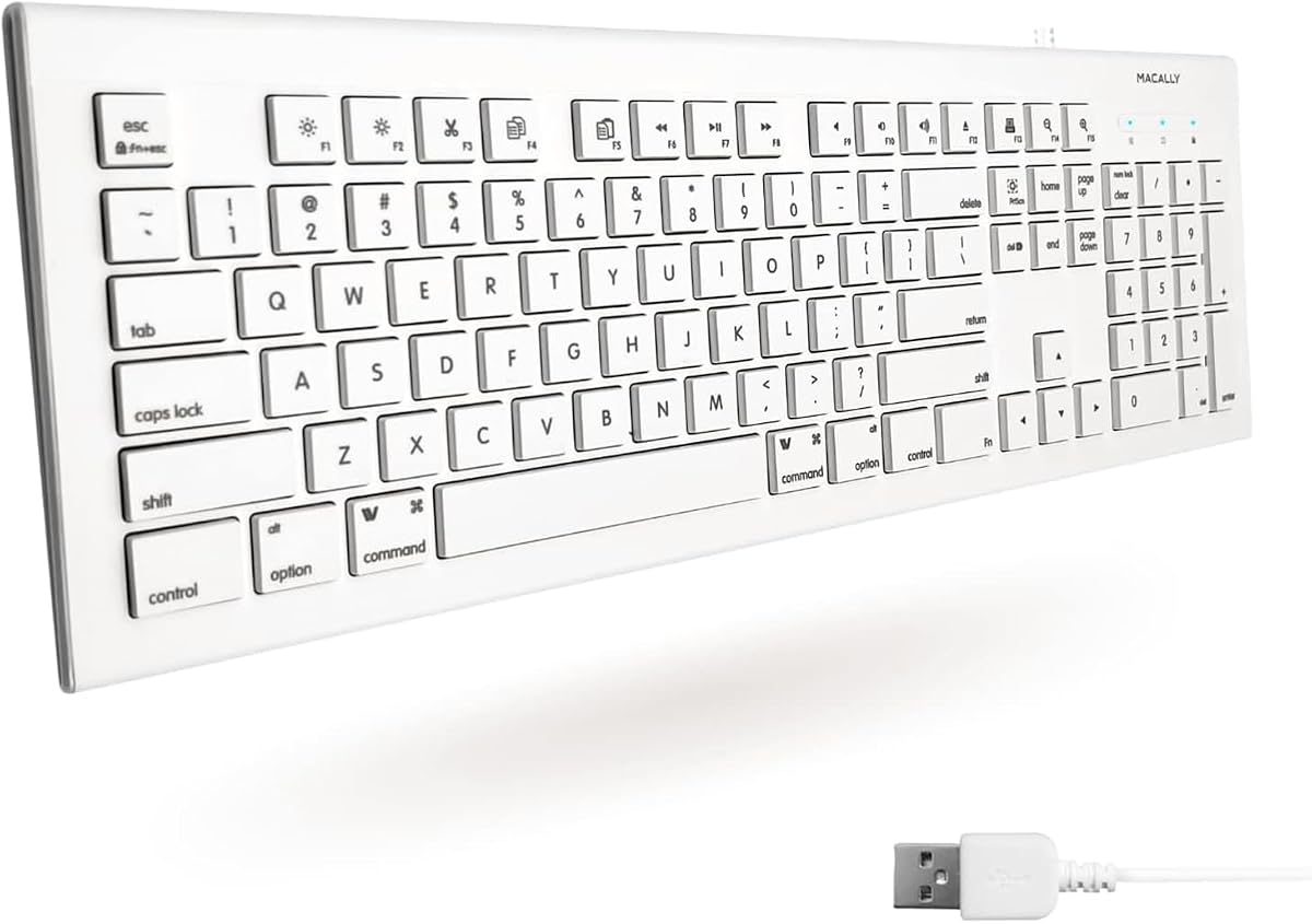 Teclado con cable USB de tamaño completo para Mac y PC - Teclado de computadora con cable Plug & Play - Teclado Apple compatible con 15 teclas de acceso directo para controles y navegación fáciles de Macbook Pro/Air, iMac