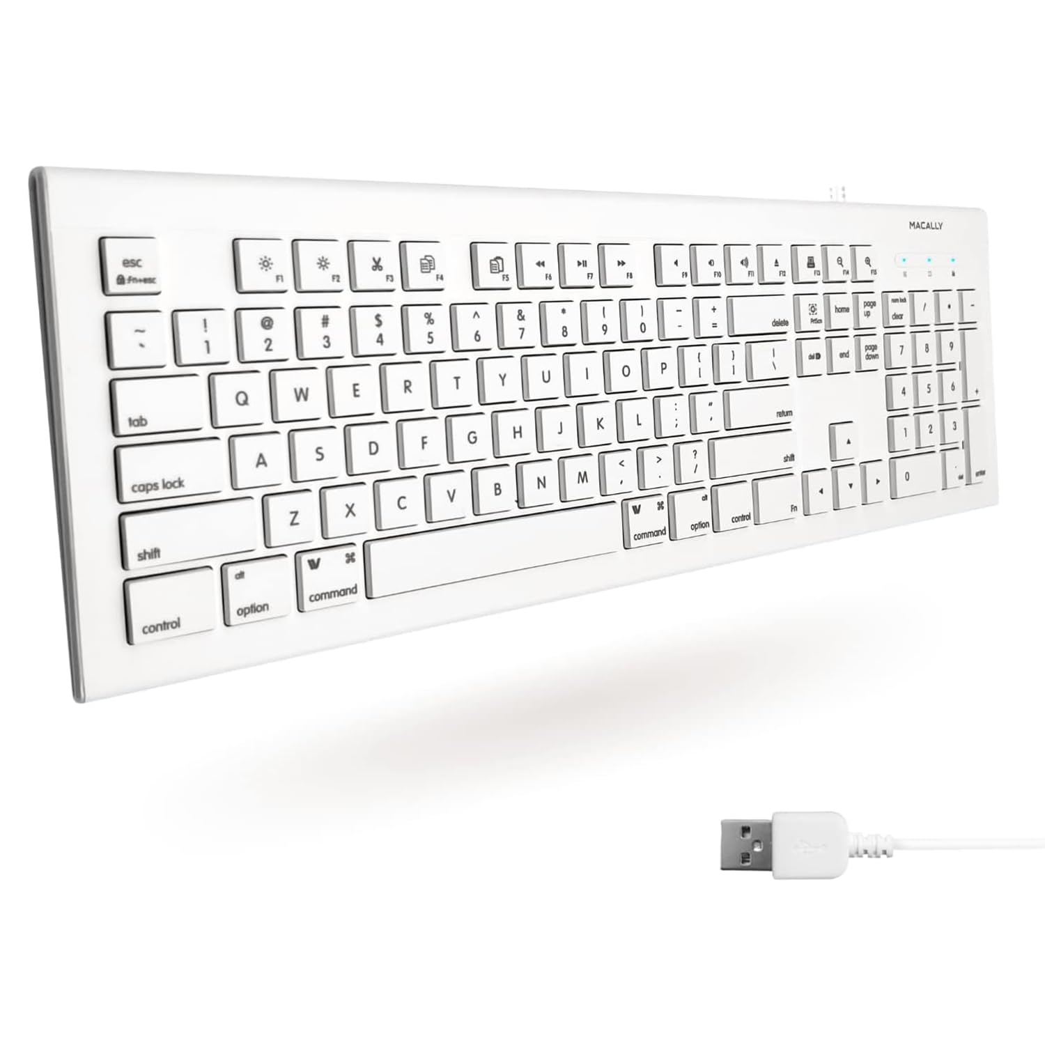Macally Full Size USB Wired Keyboard for Mac and PC - Plug & Play Wired Computer Keyboard - Compatible Apple Keyboard with 15 Shortcut Keys for Easy Controls & Navigation of Macbook Pro/Air, iMac