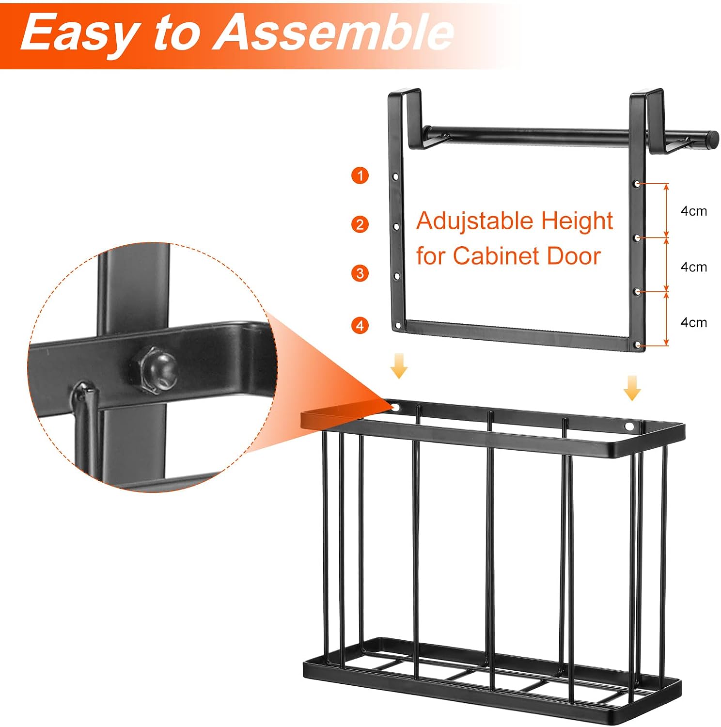 Uxcell 2 Pack Cabinet Door Organizer with Towel Bar, Metal Wire Baskets with Hooks, Over Cabinet Door Organizer for Kitchen, Pantry, Bathroom Storage, Black