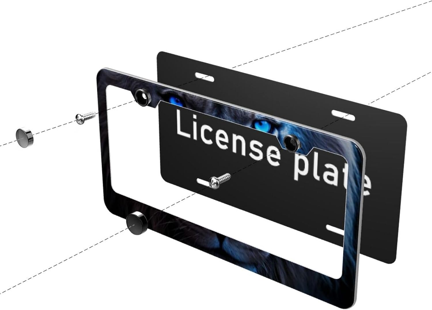 Lion Glowing Blue Eyes Matte Aluminum License Plate Frame with Black Screw Caps，2pcs 2 Holes Black Licenses Plates Frames,Car Licenses Plate Covers Holders for Us Vehicles/Women/Men