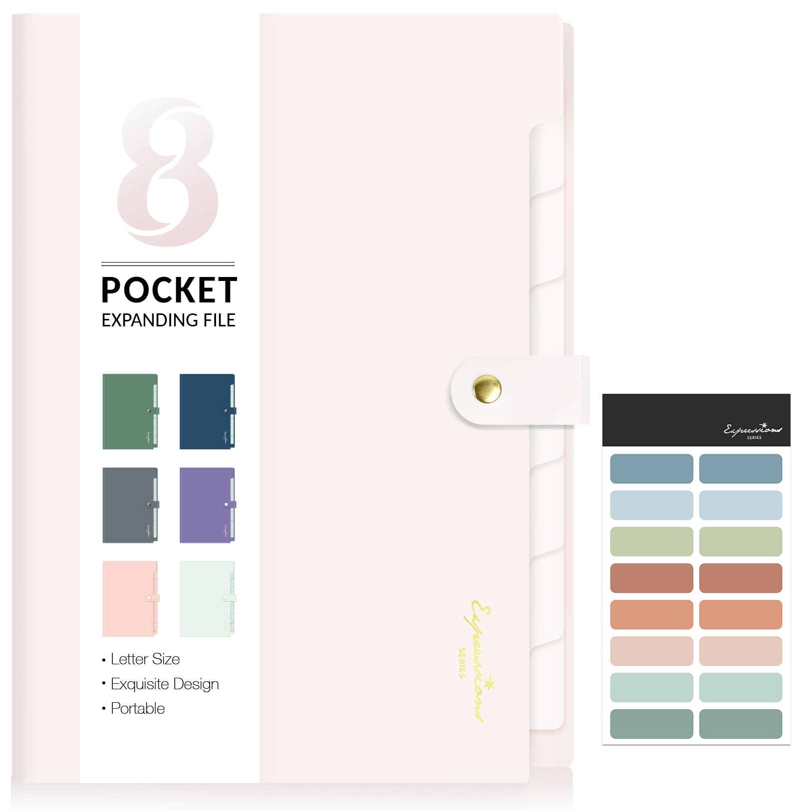 Sooez エレガントなアコーディオンファイルオーガナイザー ラベル付き 8ポケット 拡張ファイルフォルダー 書類用ポータブルフォルダー 学校事務用品用のかわいいペーパーオーガナイザー レターサイズ オフホワイト