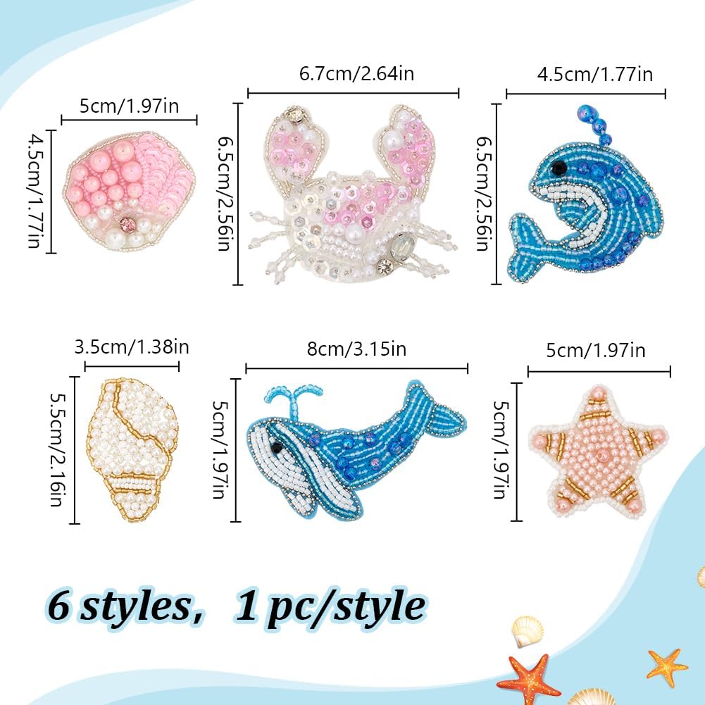 INFUNLY 6 Styles Sea Animals Beaded Patches Pearl Shell Crab Sew On Patches Starfish Dolphins Rhinestone Beaded Applique Shiny Embroidery Patch for Clothes Dress Hat Backpacks Shoes DIY Projects
