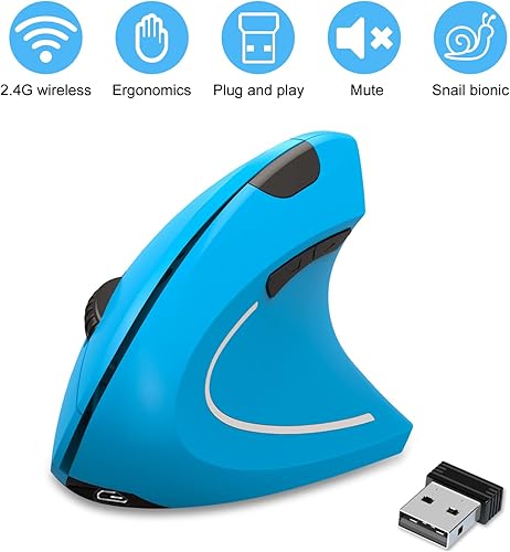 Miniatura 2 de Vassink Mouse ergonómico, mouse inalámbrico recargable, mouse óptico vertical recargable de 2.4 GHz con receptor USB, 6 botones, 80012001600 DPI,