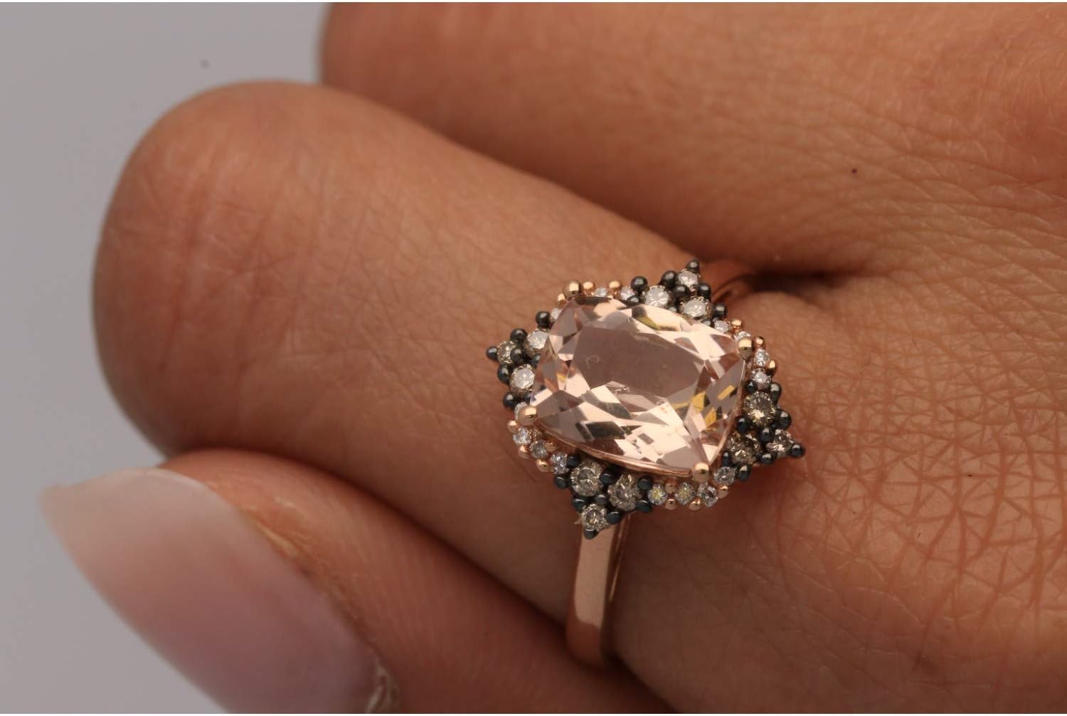 Gin and Grace 14K Rose Gold Genuine Morganite Ring with Diamonds for women | Ethically, authentically & organically sourced (Cushion-cut) shaped Morganite hand-crafted jewelry for her | Morganite Ring for women