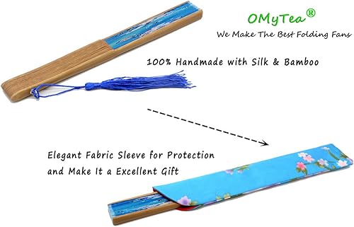 Miniatura 6 de OMyTea Abanicos plegables de seda de mano con marco de bambú, con una funda de tela para protección para regalos, 100% hecho a mano oriental