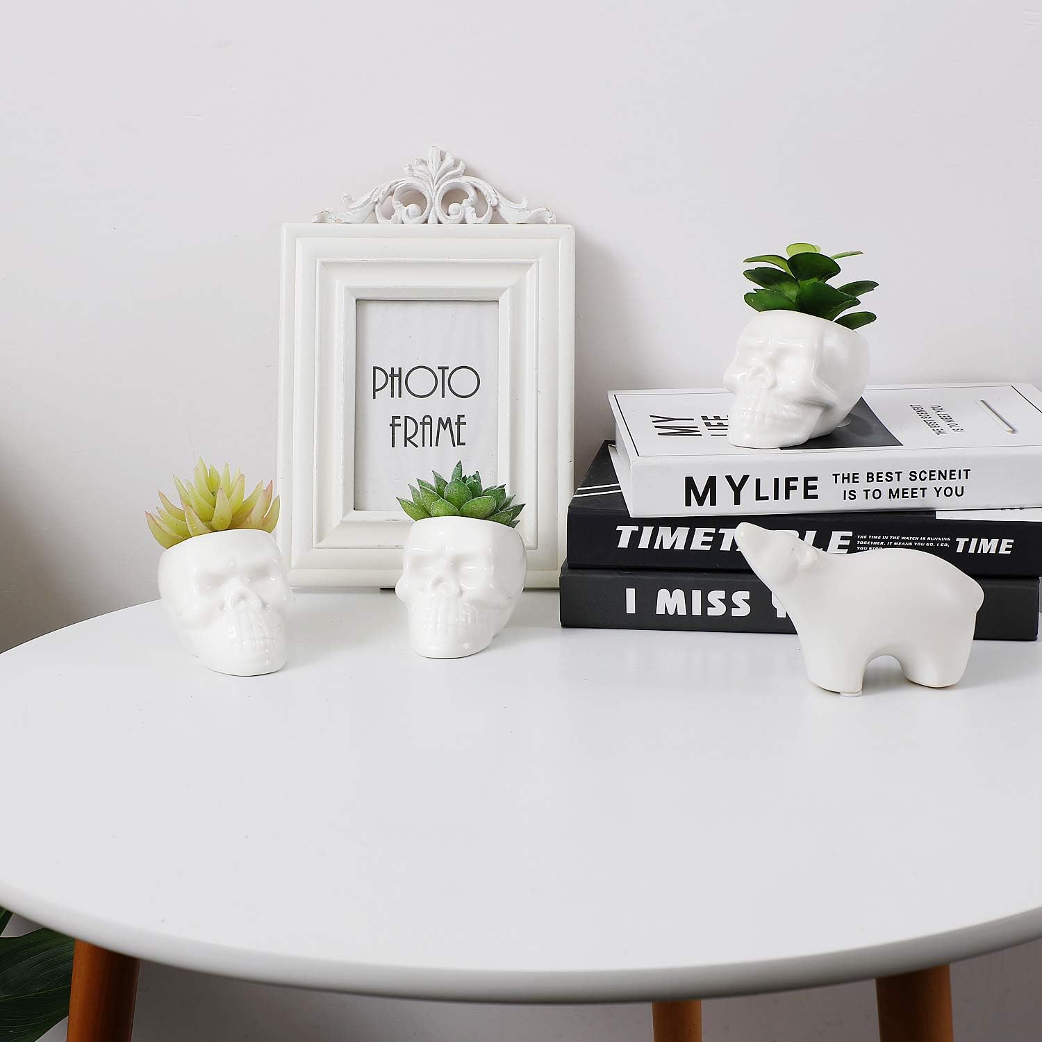 T4U White Ceramic Skull Shaped Succulent Planter Pots Set of 3, Cute Cactus Plant Pot Creative Pen Pencil Holder for Home Office Desk Decoration Birthday Wedding