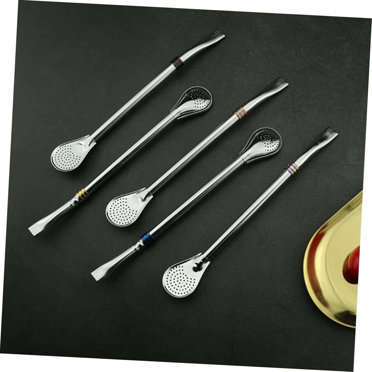 LABRIMP 5Pcs Stainless Steel Straw Spoon Versatile Filtering Mixing Spoon with Flat Mouth Design for Easy Drinking for Home Bar Bistro and Restaurant Use