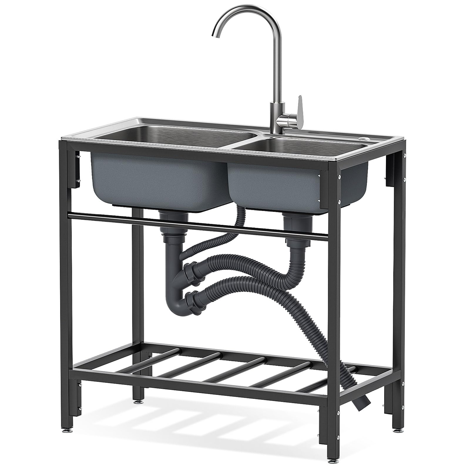 HYSOPSPX Stainless Steel Utility Sink Double Bowl, Freestanding Commercial Restaurant Anti-Overflow with Tap & Shelves for Garden, Kitchen, Laundry Room, Garage, Outdoor 83 * 44 85cm