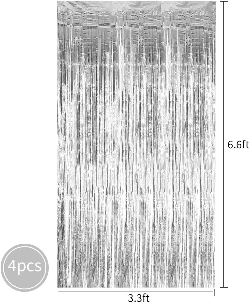 BEISHIDA 4 Pack Silver Metallic Tinsel Foil Fringe Curtains for Birthday Party Photo Backdrop Wedding Event Decor
