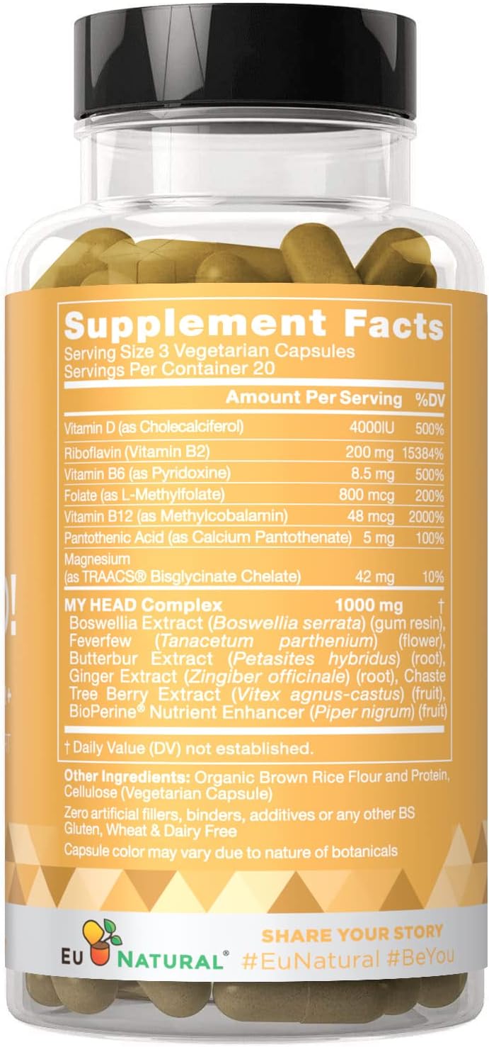 My Head! Headache Vitamins – Sensitivity, Tension, Comfort, Healthy Head Function for A Clear Mind – Fast acting Magnesium, Butterbur, Feverfew, Boswellia, Vitamin D, Ginger, & More – 60 Soft Capsules