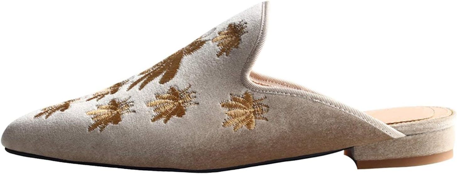 Fericzot Women's Velvet Backless Pointed Toe Slip On Loafers Flats Embroidery Mule Slippers Shoes - Image 3