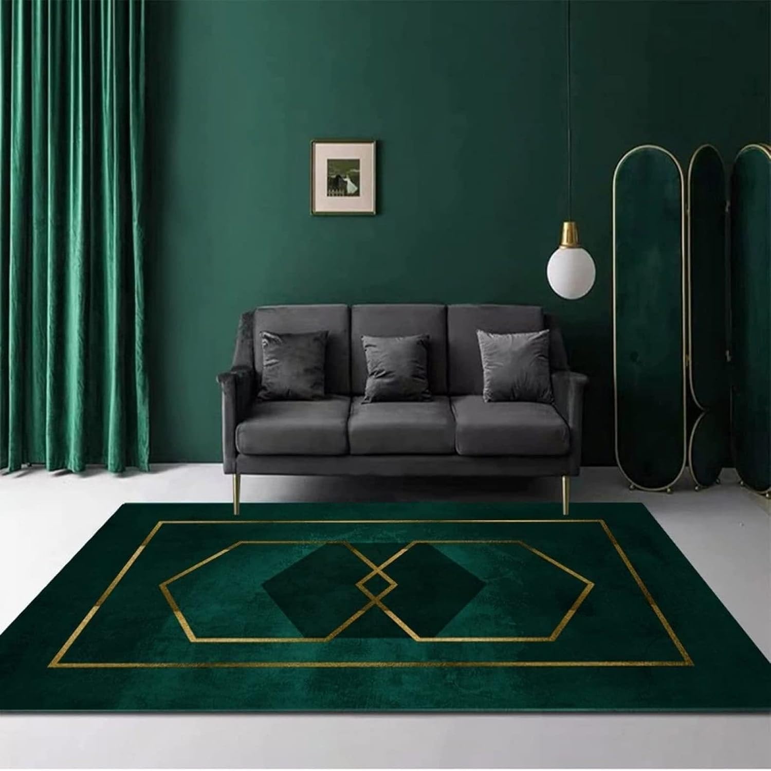 Retro Dark Green Geometric Area Rug, Golden Line Art Abstraction Print Rugs, Indoor Non-Slip Kids Rugs for Room Sofa Living Room Mat Bedroom Home Decor Floor Mats,2 x 3ft