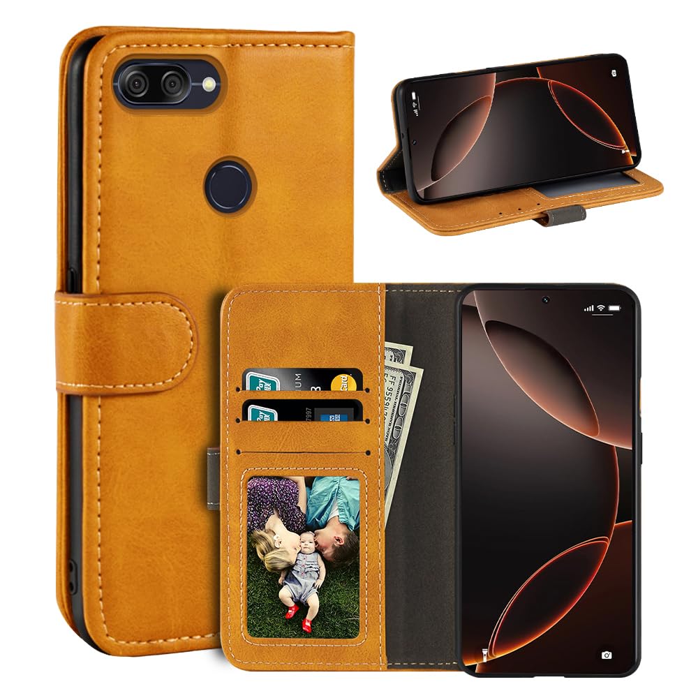 Leather Flip Cover Compatible with Asus ZenFone Max Plus M1 ZB570TL Wallet Case with Card Slots, Magnetic Closure, Stand Function, RFID Shockproof Folio (Lightbrown)