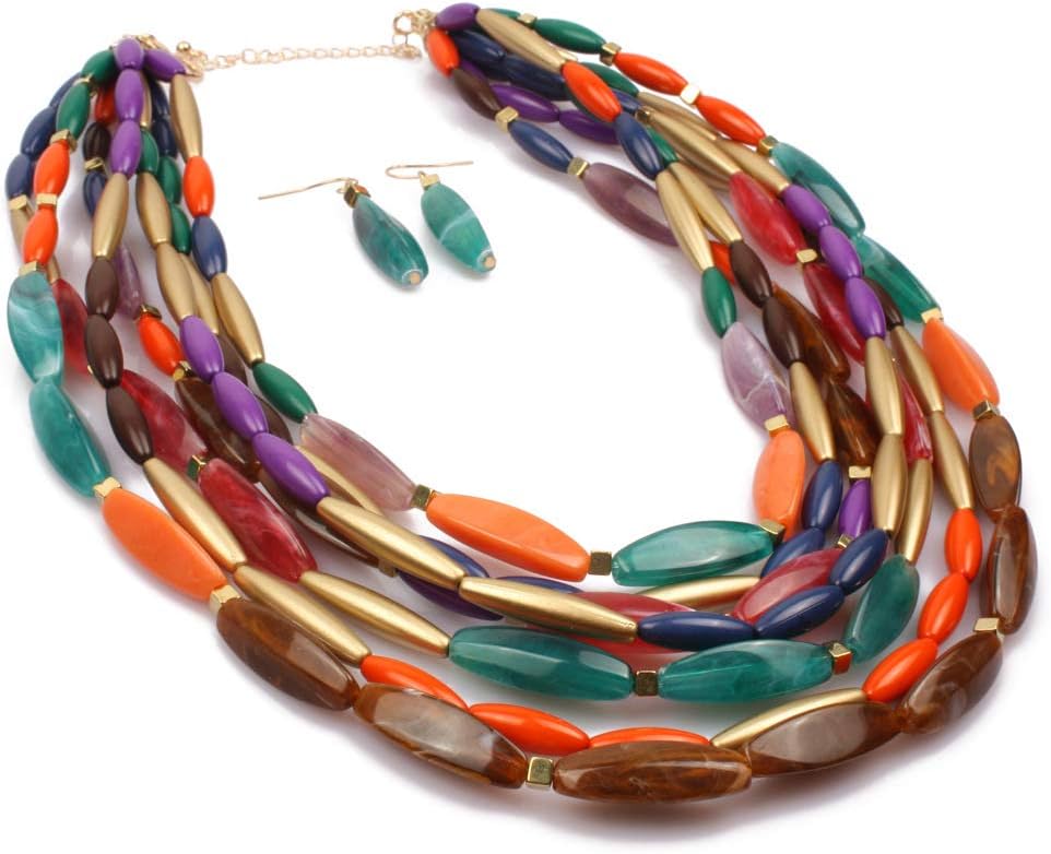 Layered Chunky Beaded Bib Choker Necklace Earrings Set for Women - Acrylic Multi-Colored Bead Adjustable Chain Collar Necklaces Hook Hoop Earring Statement Bubble Boho Jewelry Handmade Strand - Image 4