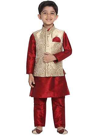 VASTRAMAY Boys Gold Cotton Silk Blend Boys Nehru Modi Jacket Kurta & Pyjama Set