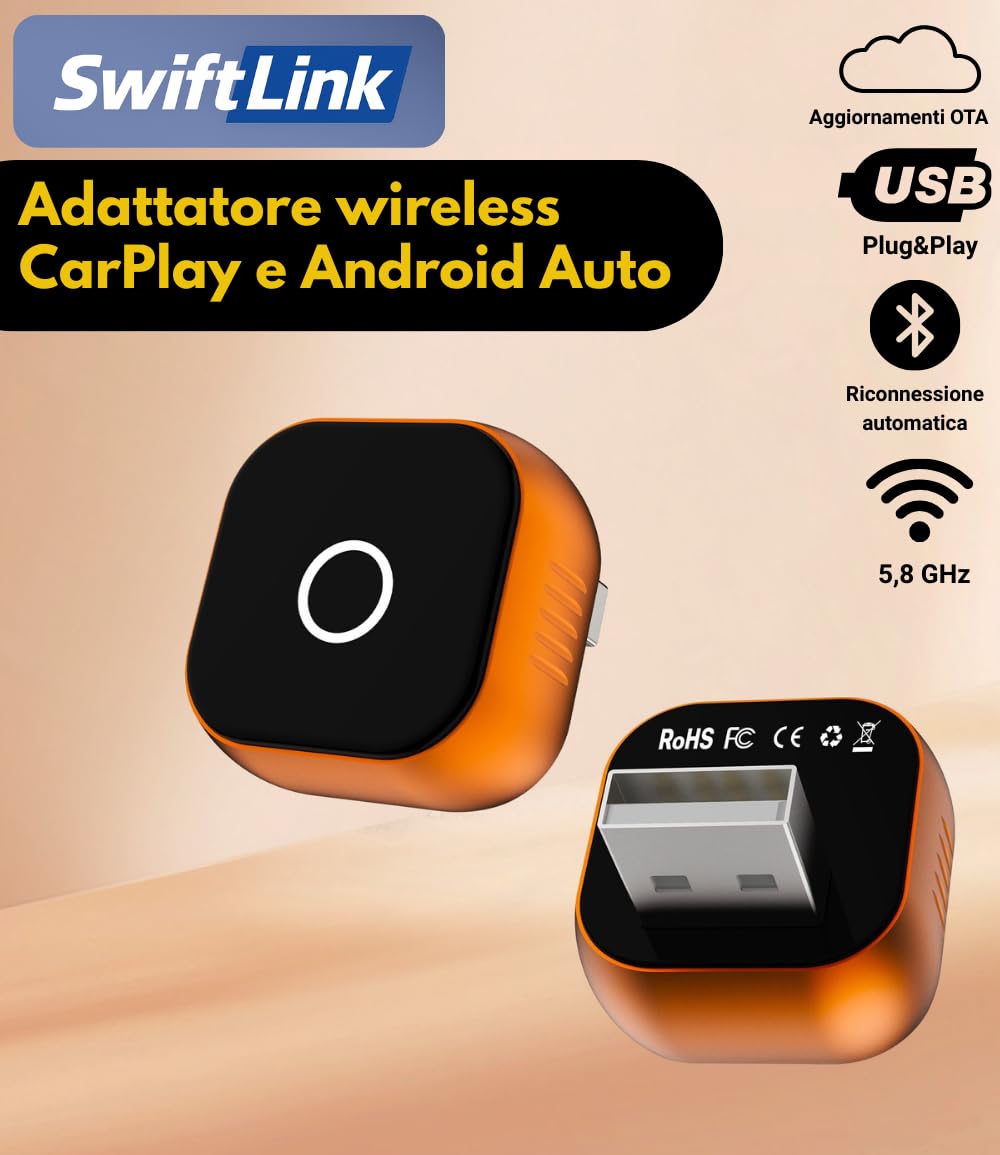 CarPlay Wireless 2026 Android Auto Adattatore Bluetooth compatibile con iPhone Apple e Android, elimina i cavi e migliora l’esperienza di guida con connessione stabile e senza ritardi SwiftLink Max