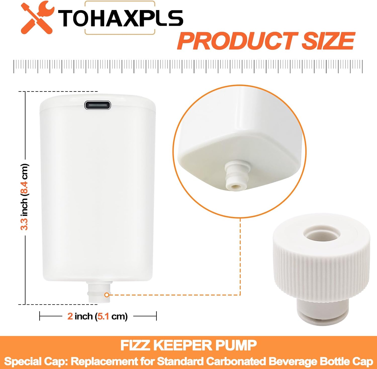 Fizz Keeper Pump USB Charging Includes 2 Reusable Cap to Keep Carbonated Beverages More Bubbly and Fizzy, Fits Standard Carbonated Beverage Cap (White)