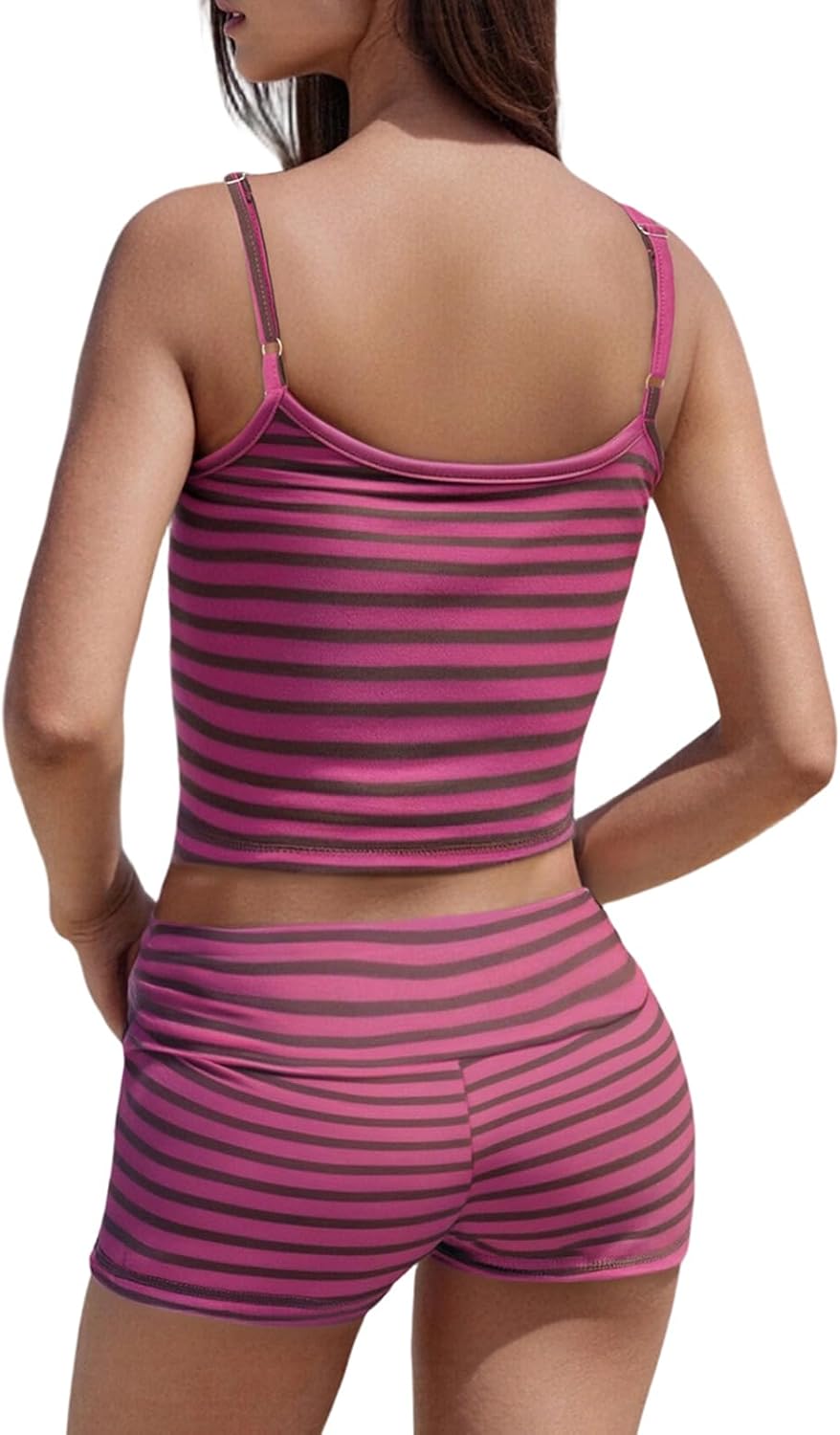 Women Fashion Striped 2 Piece Lounge Set Camisole Crop Top and Fold Over Shorts Pajama Sets Streetwear - Image 3