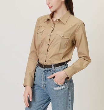 PASHARTUK Western Shirts for Women Cotton Long Sleeve Shirts for Women with Snap Buttons Plaid Shirts for Women