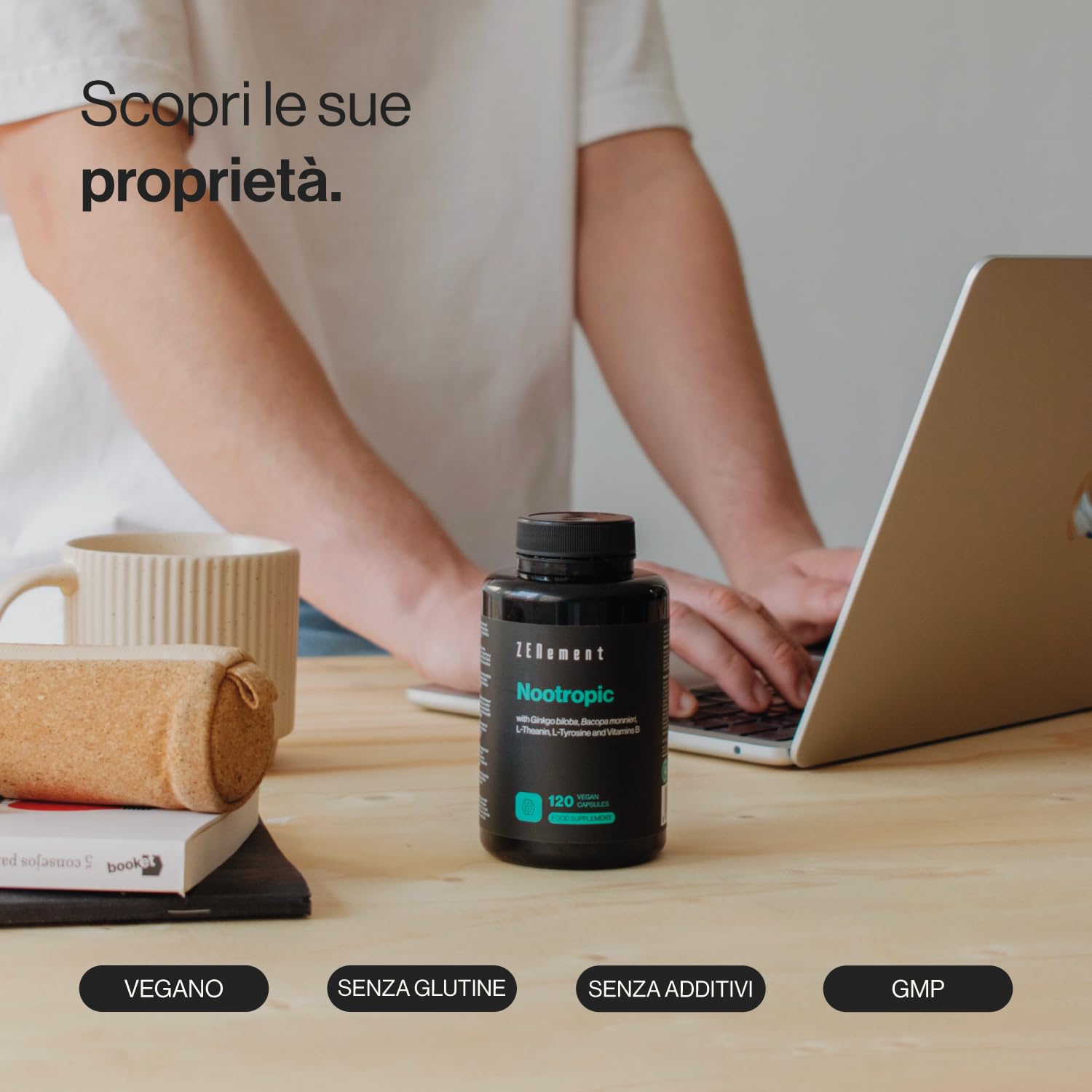 Nootropico, con Ginkgo biloba, Bacopa monnieri, L-Teanina, L-Tirosina e Vitamine B, 120 Capsule | Memoria, Concentrazione, Agilità Mentale | Vegano, senza additivi, senza allergeni, non OGM | Zenement