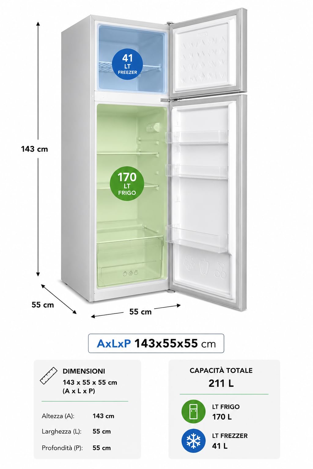 CANDY Frigorifero Doppia Porta a libera installazione, 242 Litri, 41 dB, Silver, Classe E, AxLxP 143x55x55 cm Compatto, Porta Reversibile - CDG1S514ES