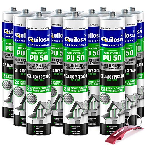 Masilla de Poliuretano Quilosa Sintex PU-50 - Caja 12 (Botes 300ml) Unidades Edición Especial con Llavero Rojo Bricolemar de Regalo! (Marron)