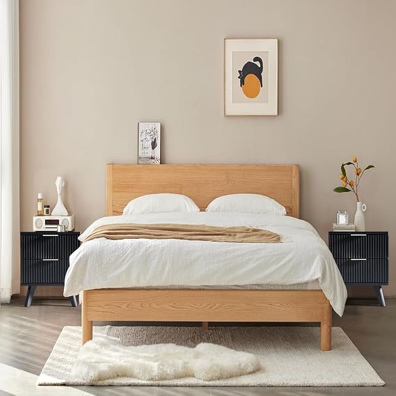 Nightstands Set of 2 with Drawers, Modern Large Striped Bed Side Table with 2 Drawers, Mid Century Modern Night Stand Set for Bedroom, Bedside End Table with Storage and Solid Wood Legs (Black)