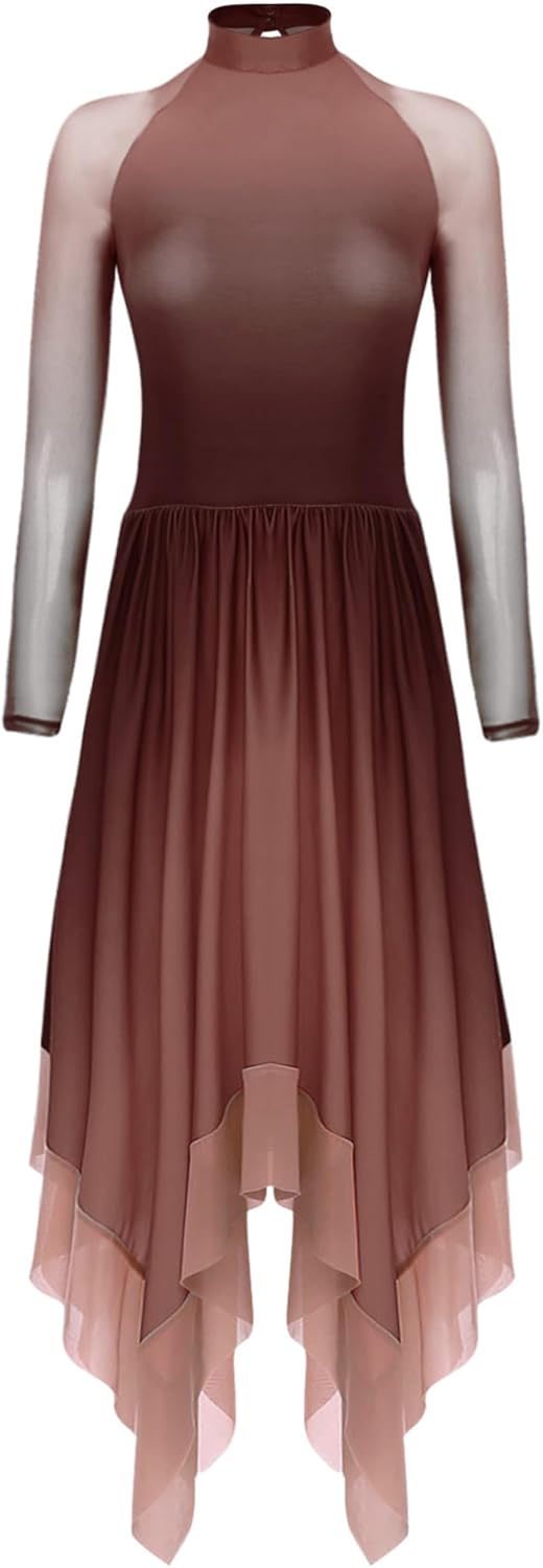 Women's Gradient Color Praise Dance Tunic Long Sleeve Irregular Overlay Liturgical Dance Dress