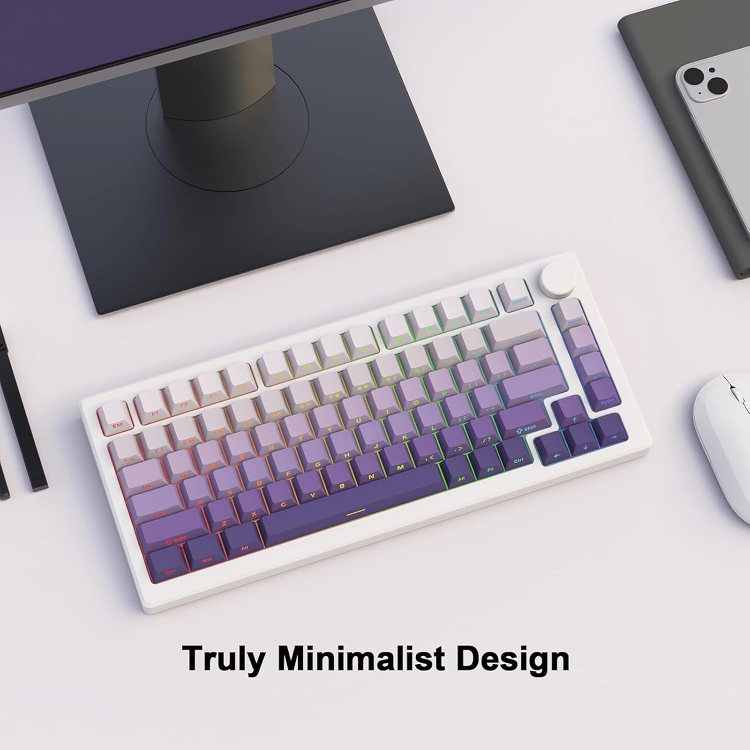 Catekro Gradient Side Print Keycaps Purple, Double Shot PBT Keycaps 75 Percent, OEM Profile Shine Through Key Caps Minimalist Style Custom Keycap Set for Mechanical Keyboards (Purple)