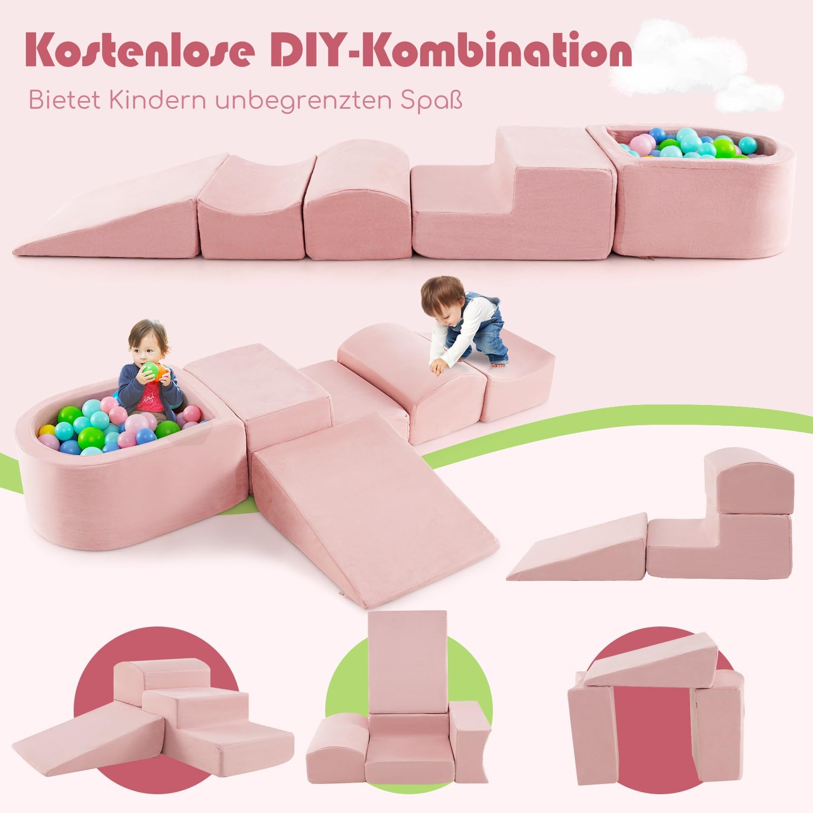 FANTASK 5 TLG. Kinder Softplay-Set, Schaumstoffbausteine mit Bällebad, Riesenbausteine zum Toben und Klettern, Schaumstoff Bausteine für Spielzimmer, Kinderzimmer (Rosa)