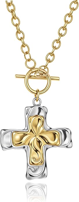 Crown Cross Pendant Necklace Chunky Cross Necklace for Women Statement Necklace 14K Gold Plated Dainty Cross Necklace