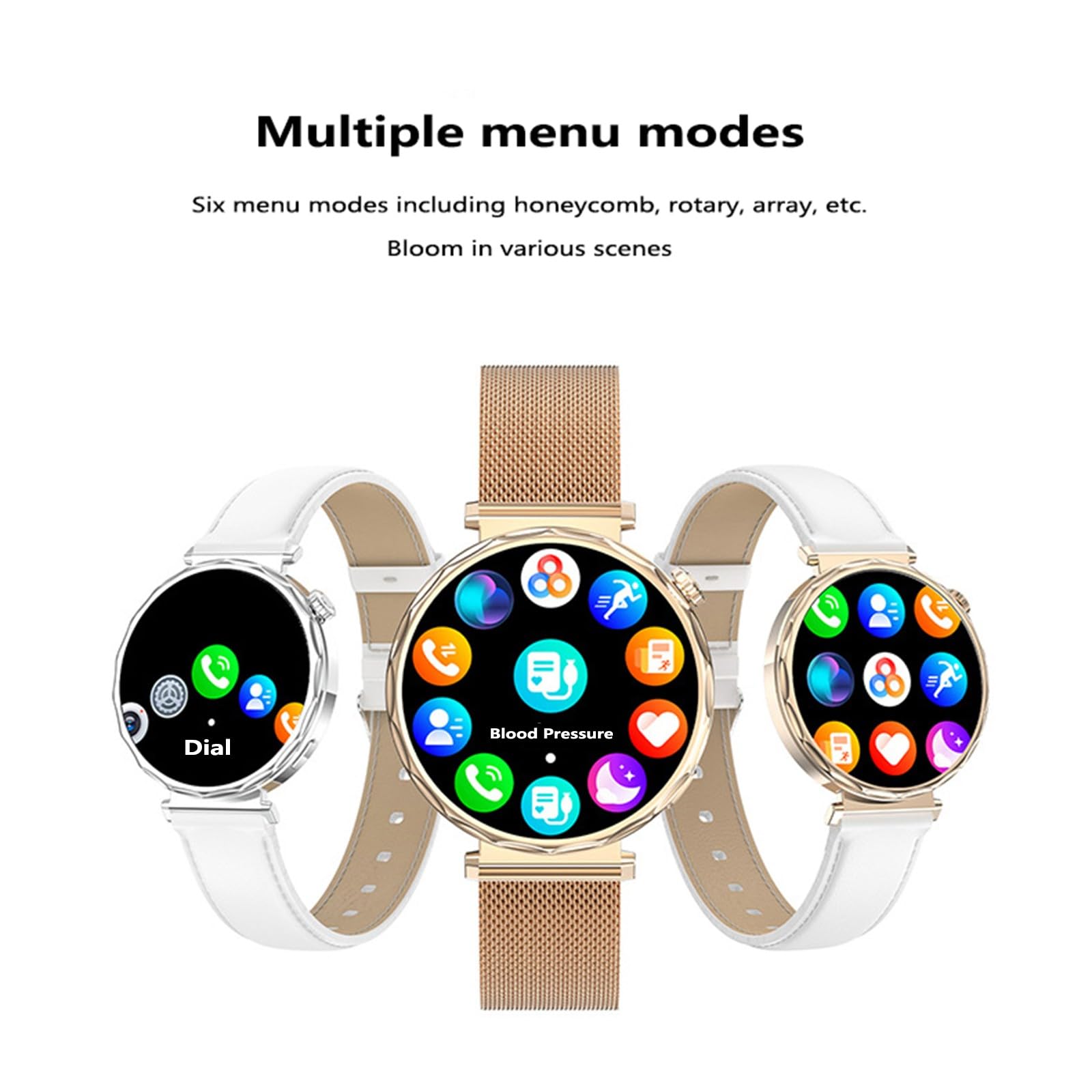 Reloj Inteligente Mujer podómetro, monitoreo de frecuencia cardíaca, medición de presión Arterial, Entretenimiento Social, Llamadas Bluetooth, recordatorios Inteligentes