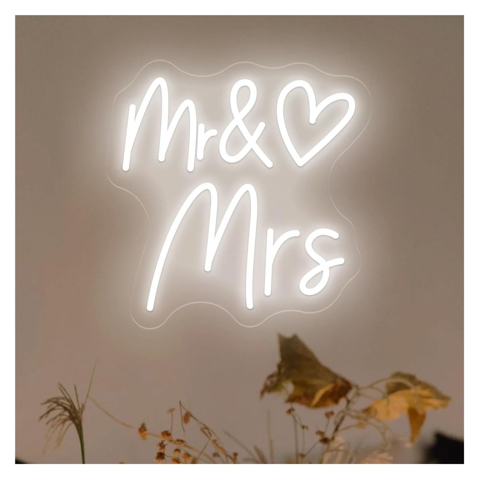 Xenite White Hanging Art Neon Signs Mr & Mrs Neon Sign Heart Led Light Dimmable For Wedding Reception Signage Couples Wall Art Decor Illuminated Lamp 45Cmx45cm