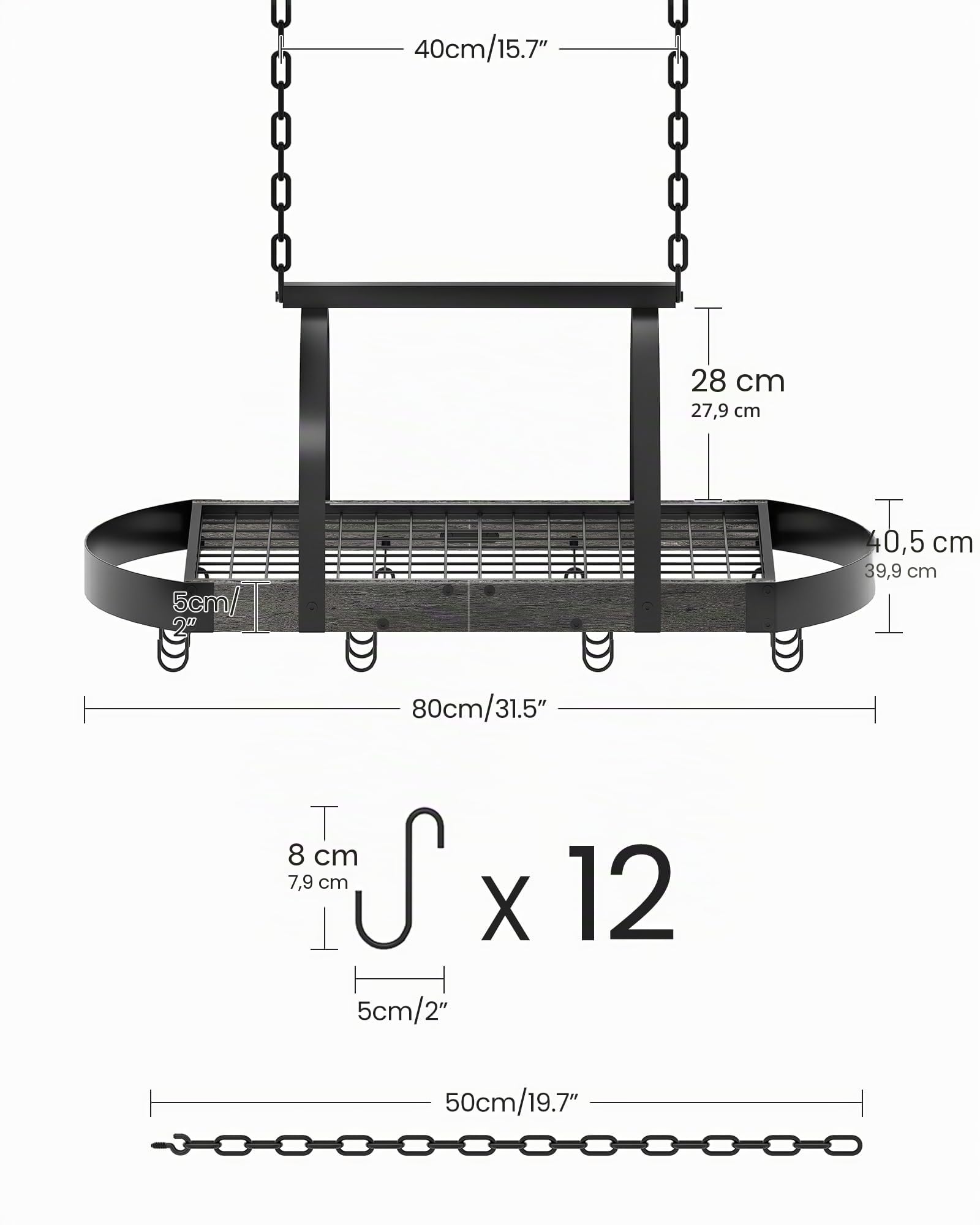 CHOEZON Küchenregal hängend, Küche Topfregal Deckenregal, Hängendes Küchenregal, Küchenutensilien-Organizer mit 12 S-Haken, Küchentopfhalter, platzsparend, Schwarz DTPR08BCC1