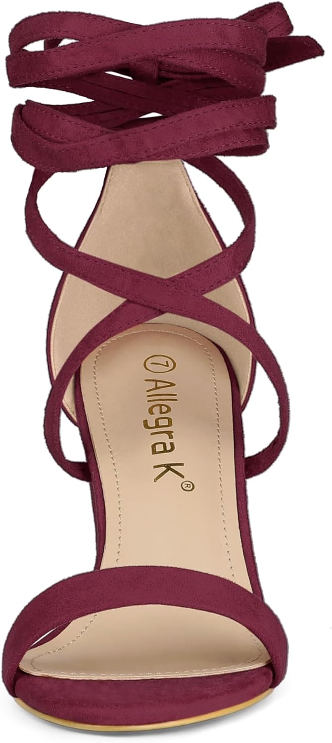 Allegra K Women's Strappy Lace Up Chunky High Heels Burgundy Heels Sandals 9 M US - Image 2