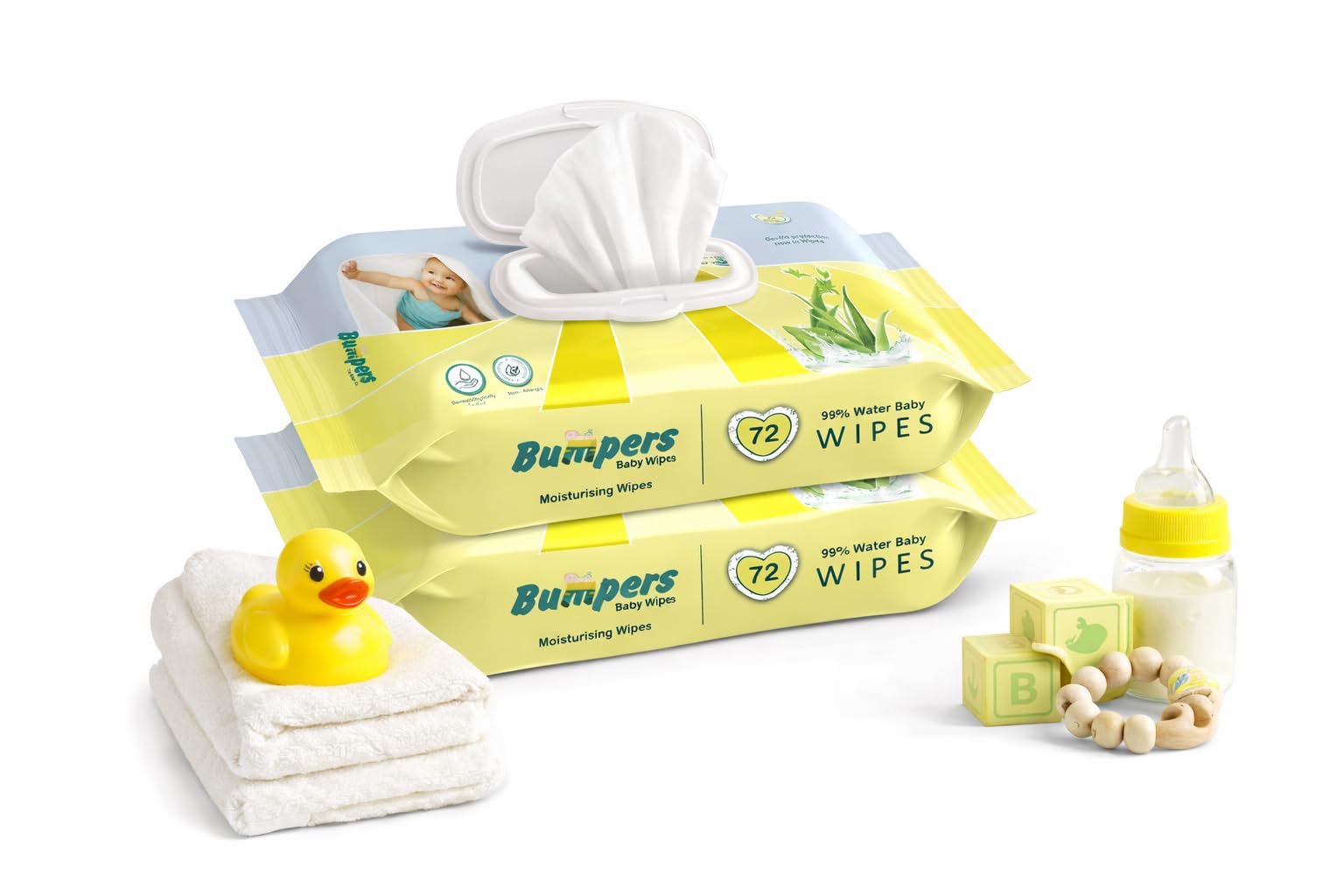 Bumpers Moisturising 99% Water Baby Wipes with Lid, Aloe Vera & Vitamin E | Extra Thick & Moist | Alcohol & Paraben free | pH balanced & Hypoallergenic | 72 Counts/Pack (Set of 2) (144 Wipes)-image-35