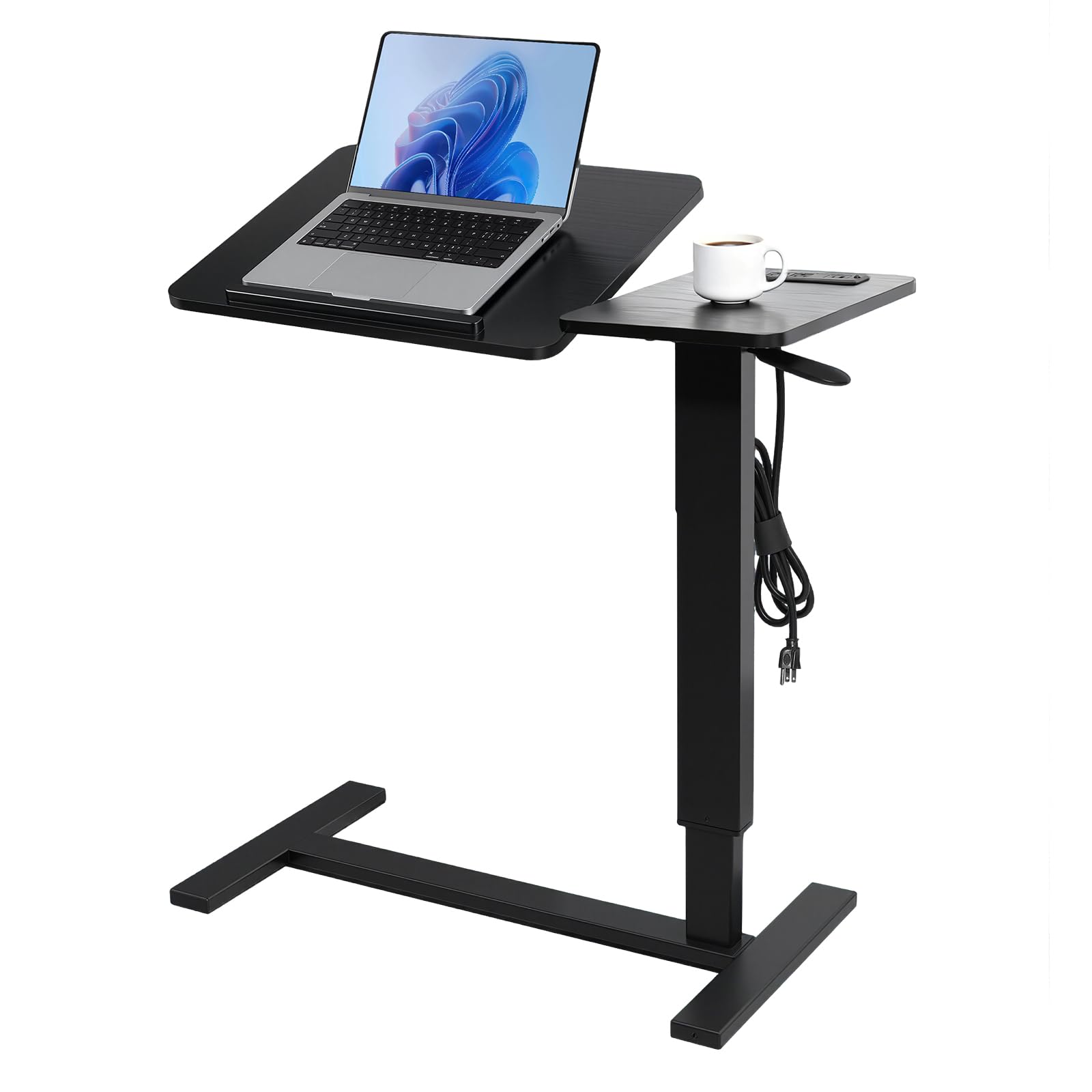 Cazacomzy Black Overbed Bedside Table with USB Ports and Outlets for Bedroom, Adjustable Recliner Table with Desktop Strip and Wheels, Small Standing