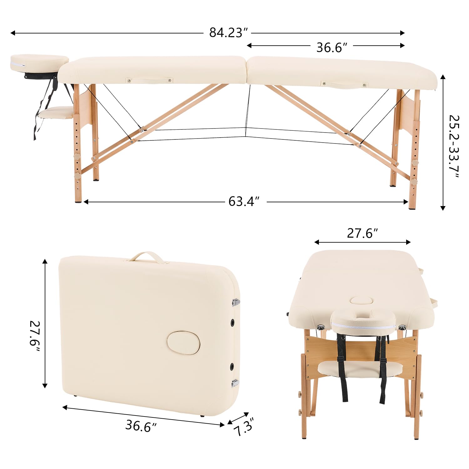 YOUNIKE Camilla Masaje Beige Plegable 2 Zonas Profesional Portátil Carga 250kg 186×70cm Altura Ajustable de Madera Haya para Belleza Tatuaje SPA con Bolsa de Transporte