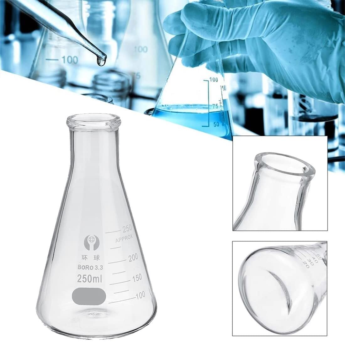 Set de Matraces de Erlenmeyer - Matraces de Vidrio Borosilicato con Tapones (150ml, 200ml, 250ml), Incluye Cuentagotas, Varillas y Cepillo
