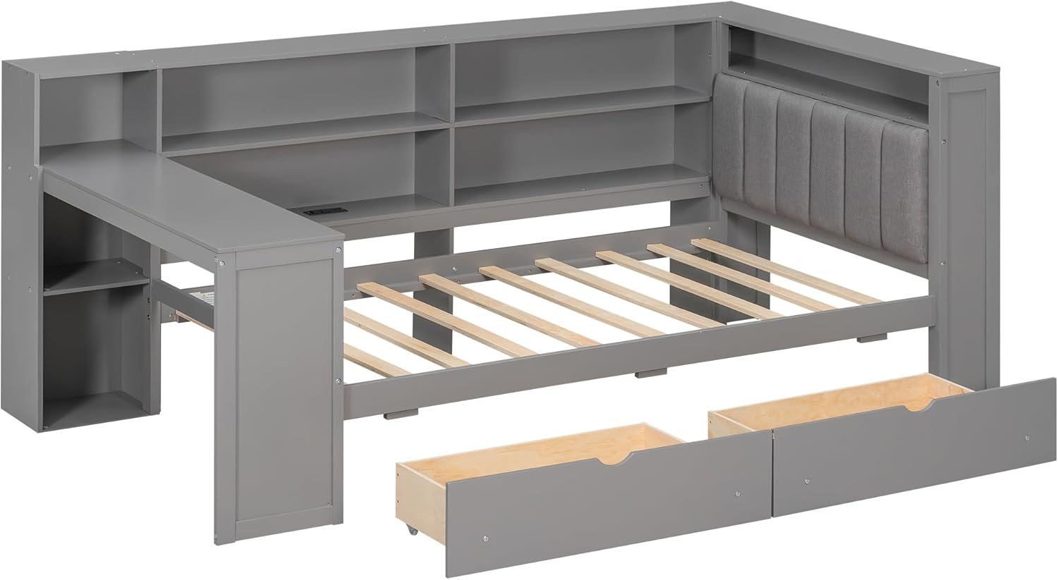 Bellemave Twin Corner Bed with Storage Shelves and Desk, Upholstered Headboard Daybed with Bookcase and Drawers，Daybed with Storage, Grey+ Grey Cushion