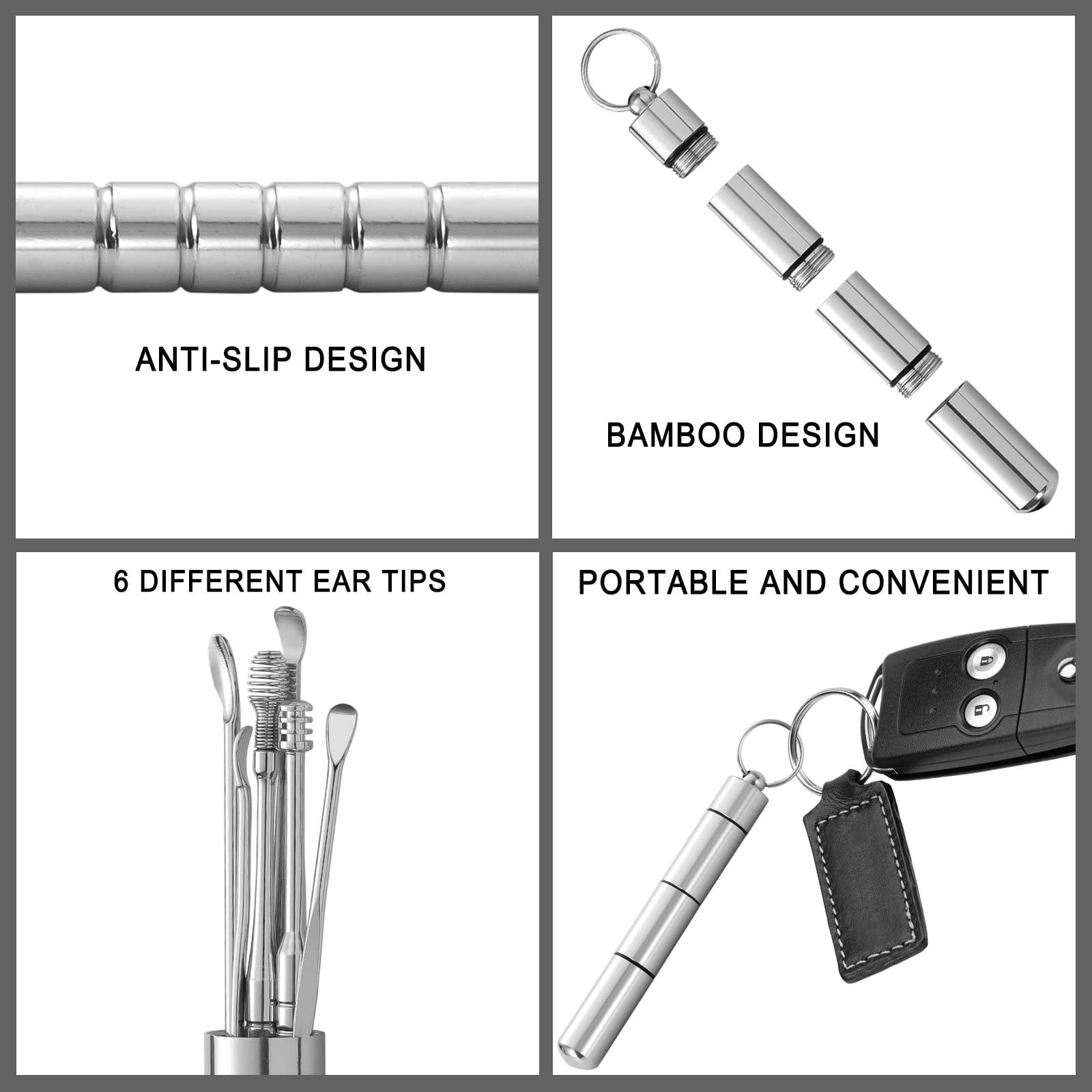 Cucchiaio per Orecchie Kit di Rimozione del Cerume Pulisci Orecchie in Acciaio Inossidabile con Scatola Portatile Argento 6 Pezzi
