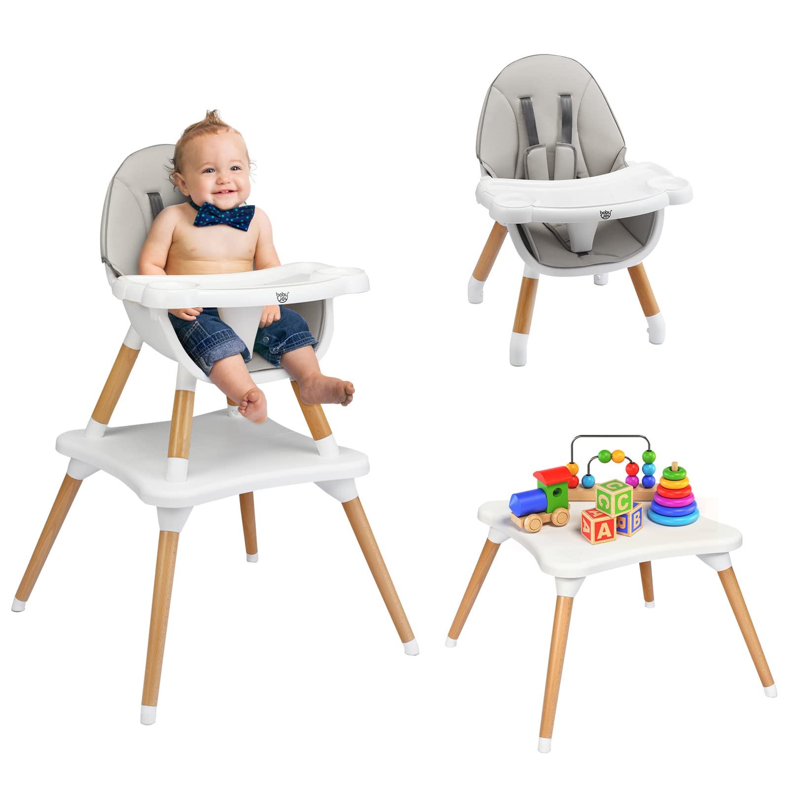 RELAX4LIFE 6 en 1 Trona para Bebés con Bandejas Dobles Extraíbles, Arnés de Seguridad de 5 Puntos, Patas de Madera Haya, Cojín Extraíble, Trona para Bebés 6-36 Meses (Gris)