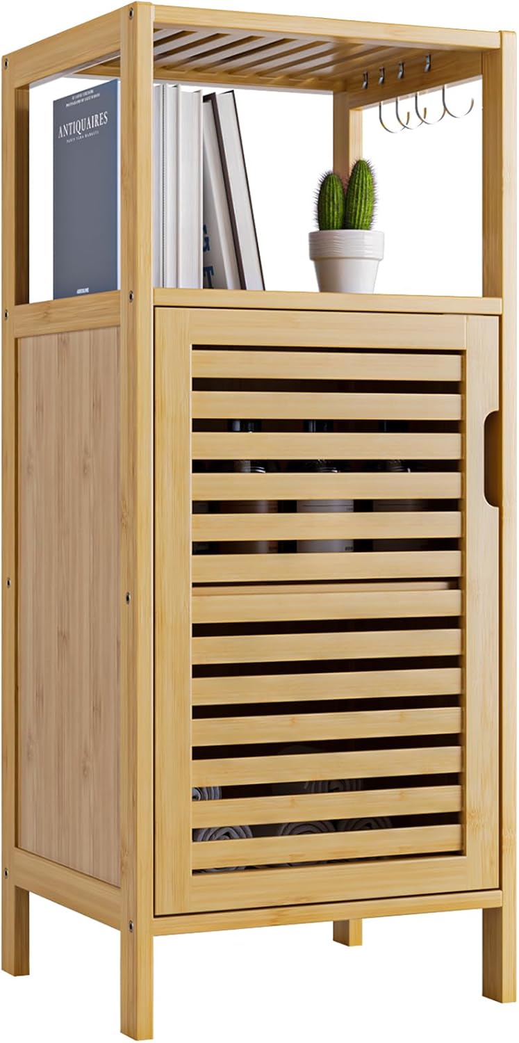 Amazon.com: HITNET Bathroom Floor Cabinet, Bamboo Small Cupboard with ...