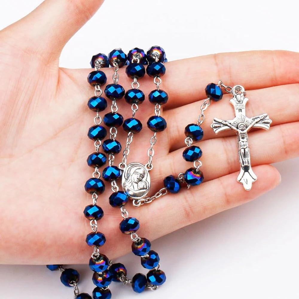 Accesorios 925 Collar de Rosario religioso de Plata esterlina para Mujeres y Hombres - 1pc Cross Cross Rosary Beads Pendants Collar de Cuentas de Cristal Redondo religioso, Virgen María Jesús Costa