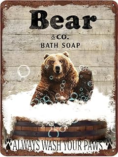 Bear Funny Bathroom Vintage Metal Tin Sign Bear Wall Decor Art Toilet Retro Bear Posters Wash Your Paws Retro Tin Sin For Home Office Kitchen Bar Cafe Farm Garden Garage Wall Decor Art 5.5x8 Inch